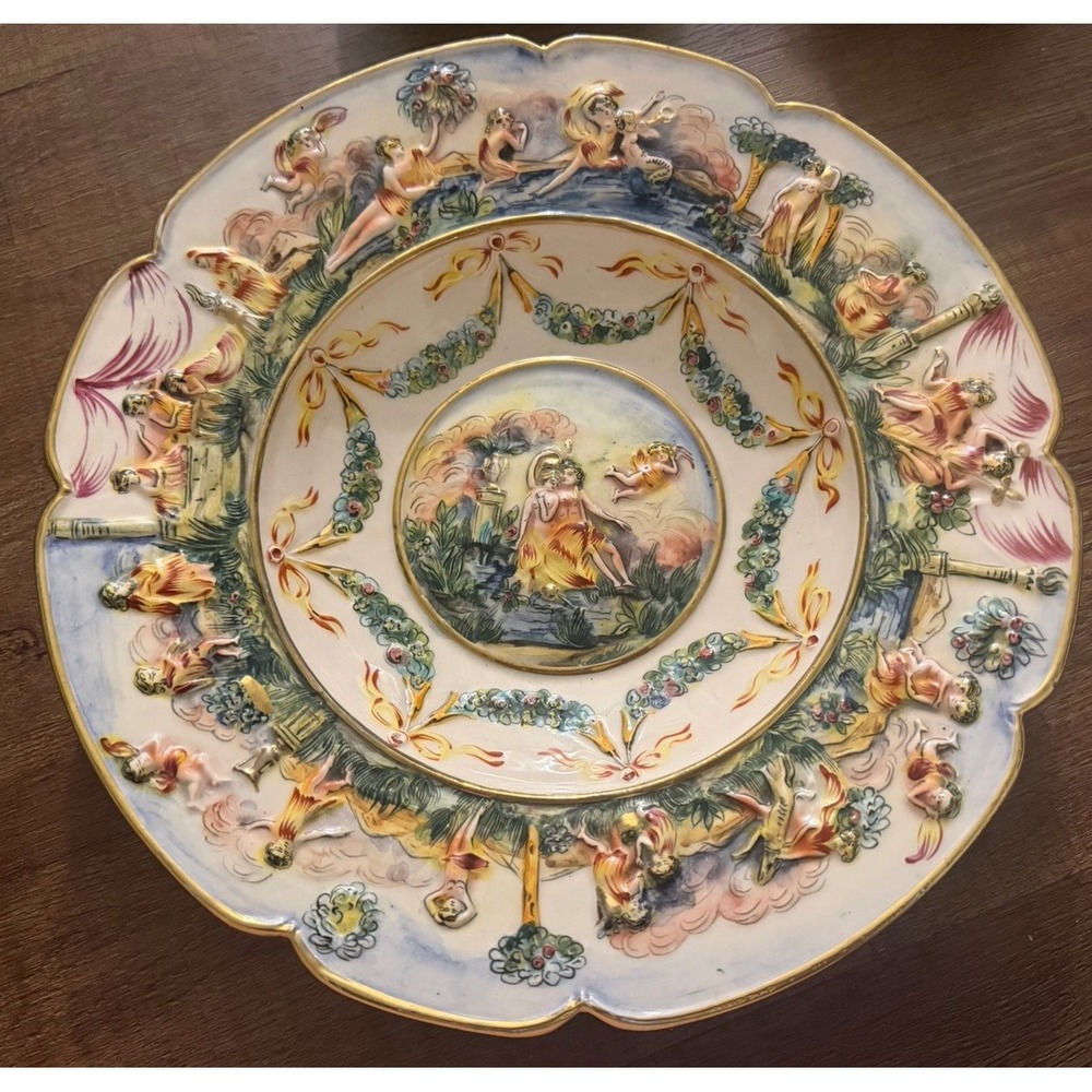 Vintage Italian Capodimonte Wall Charger Plate 11.5" High Relief Cherubs